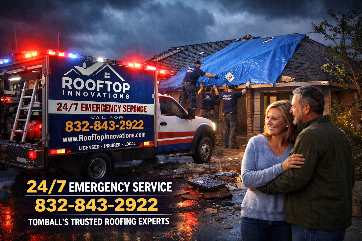 Rooftop Innovations team providing emergency storm damage response in Tomball, 24/7 service truck with emergency lighting, professional crew