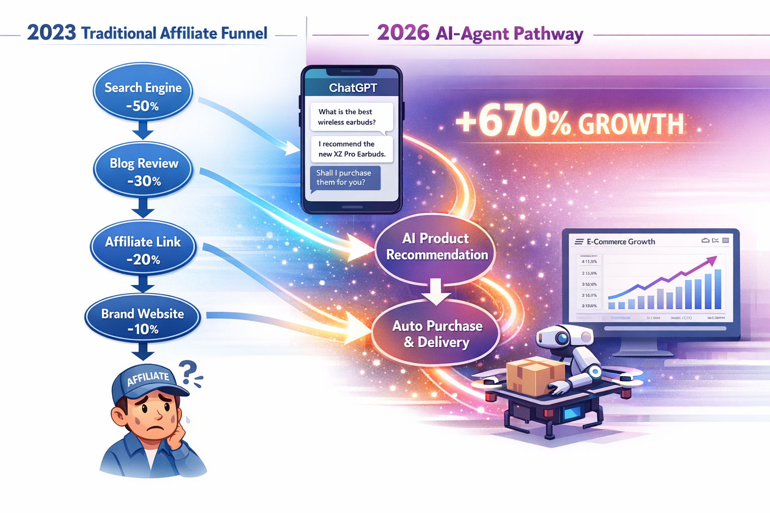 () detailed infographic illustration showing the consumer purchase journey transformation from 2023 to 2026. Left third