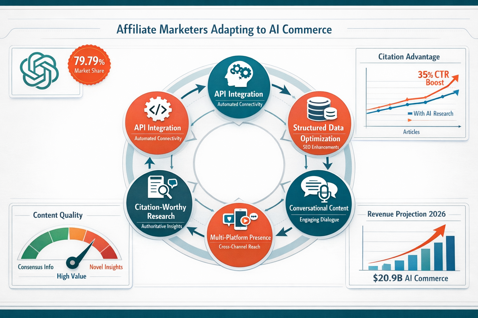 () strategic action dashboard visualization for affiliate marketers adapting to AI commerce. Center displays circular