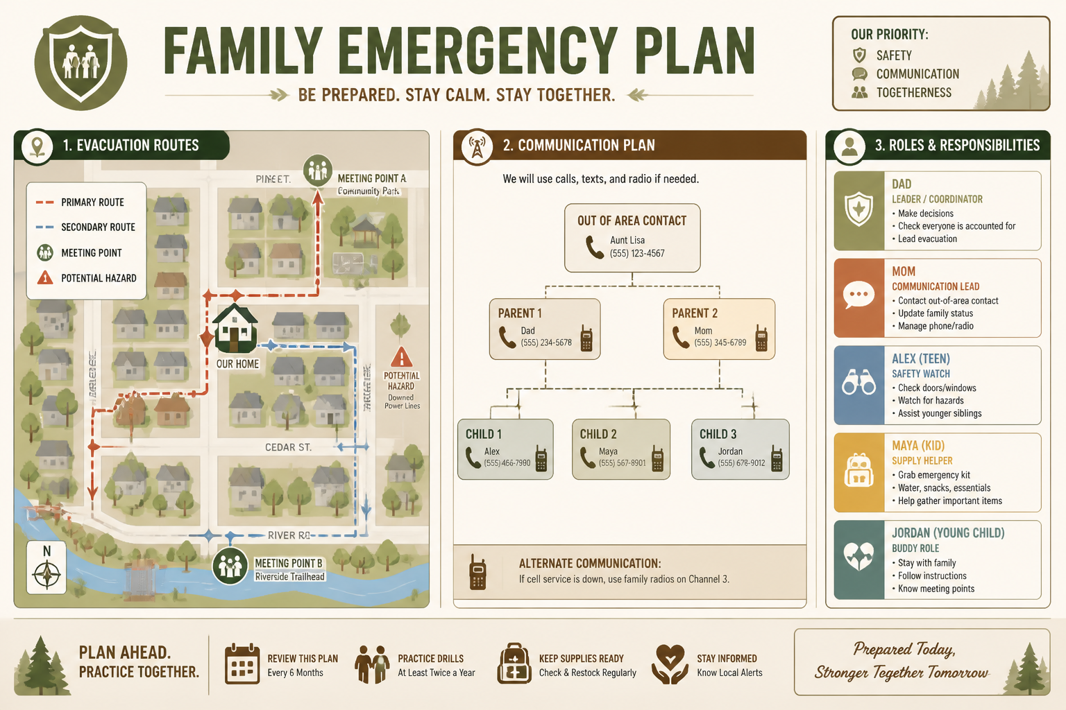 A family emergency plan layout: evacuation routes marked on a neighborhood map, meeting point icons, communication tree with