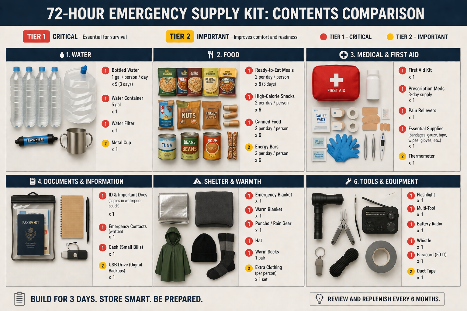 Visual comparison chart/infographic: 72-hour emergency supply kit contents laid out flat-lay style, organized into