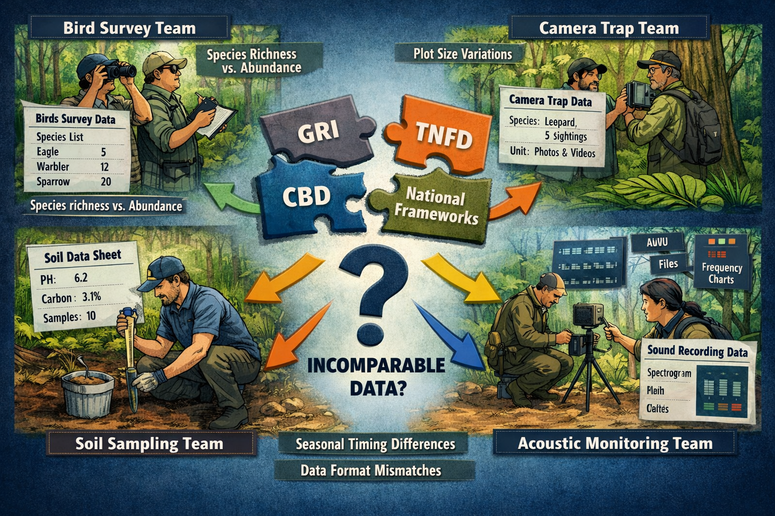 Landscape format (1536x1024) detailed infographic showing the fragmentation problem in current biodiversity monitoring systems. Visual displ