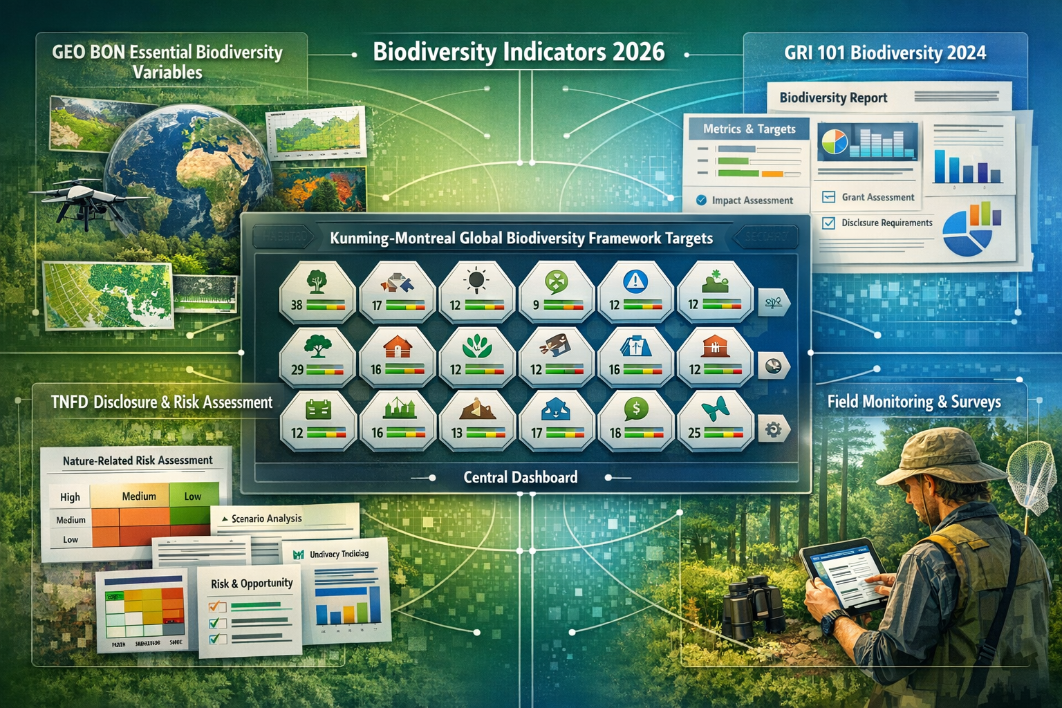 Landscape format (1536x1024) comprehensive visual representation of standardized biodiversity indicator frameworks for 2026. Central element