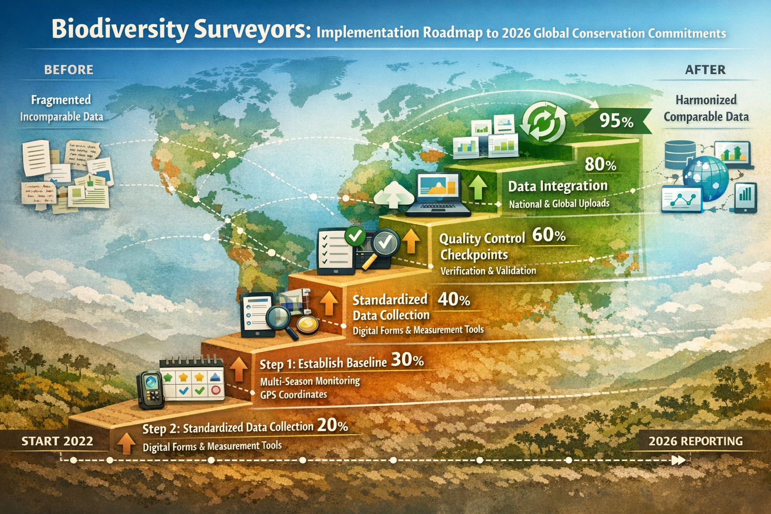 Landscape format (1536x1024) actionable implementation roadmap for biodiversity surveyors contributing to global conservation commitments in