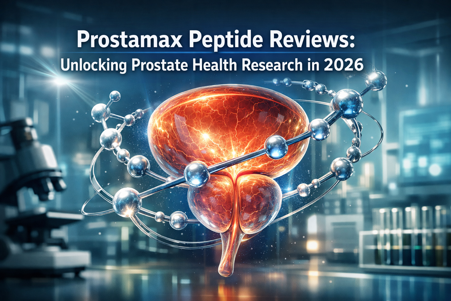 Professional landscape hero image (1536x1024) with bold text overlay: 'Prostamax Peptide Reviews: Unlocking Prostate Health Research in 2026