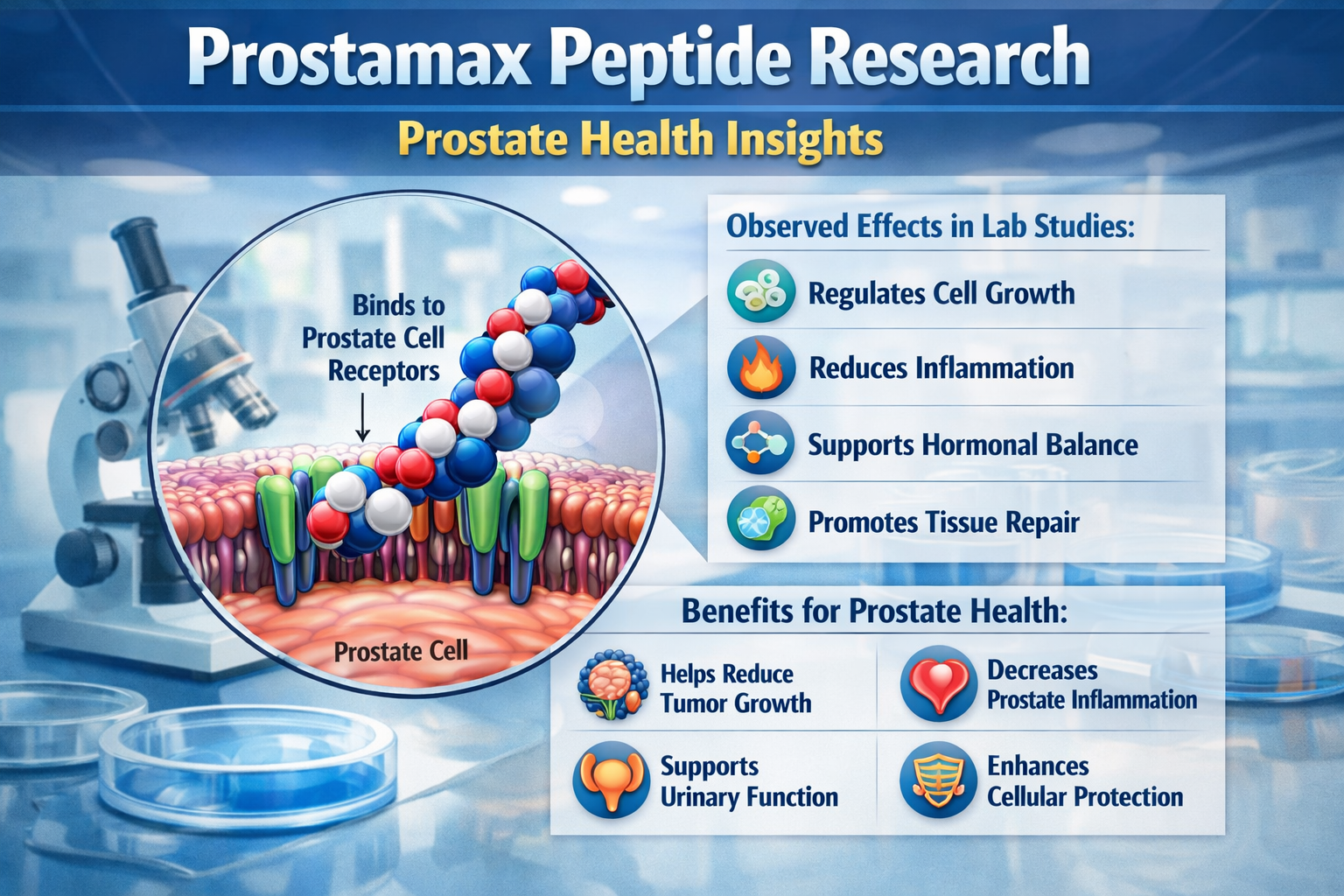 A detailed infographic illustrating the molecular mechanism and potential research applications of prostamax peptide, with callouts for spec