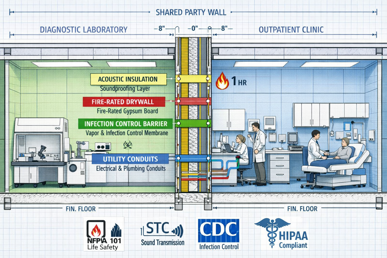 Detailed landscape format (1536x1024) image showing cross-section architectural diagram of shared party wall between two medical facilities