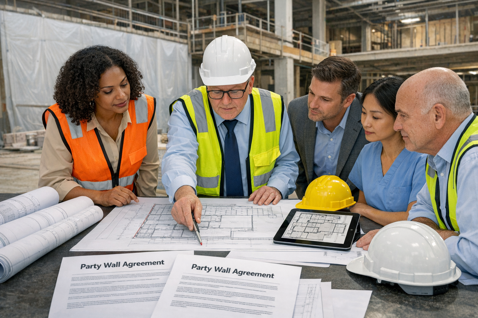 Landscape format (1536x1024) professional photograph of healthcare facility construction meeting with diverse team reviewing party wall agre