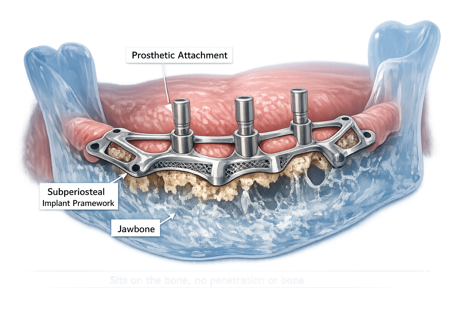 Landscape format (1536x1024) image illustrating the structure of a subperiosteal implant. Show a transparent 3D model of a jawbone with sign