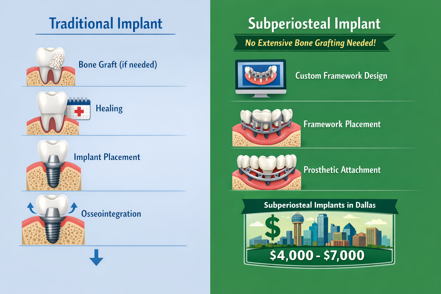 Landscape format (1536x1024) infographic contrasting the traditional dental implant process with a subperiosteal implant process. One side s