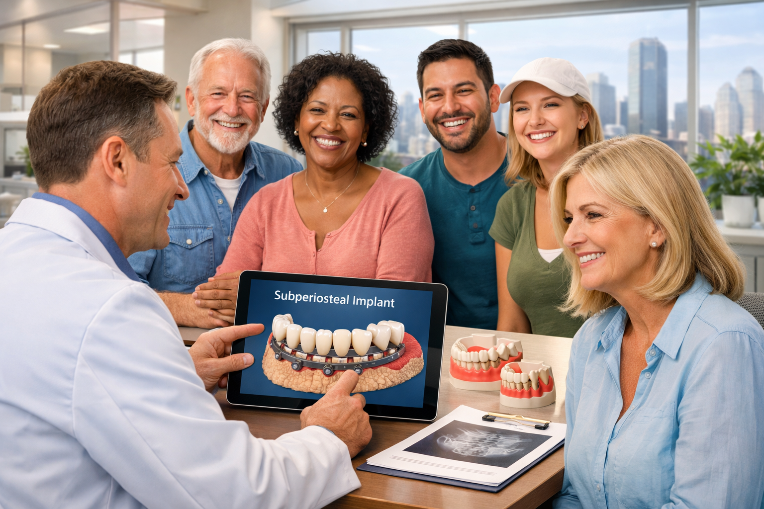 Landscape format (1536x1024) image featuring a diverse group of happy, smiling patients of various ages, reflecting the successful outcomes