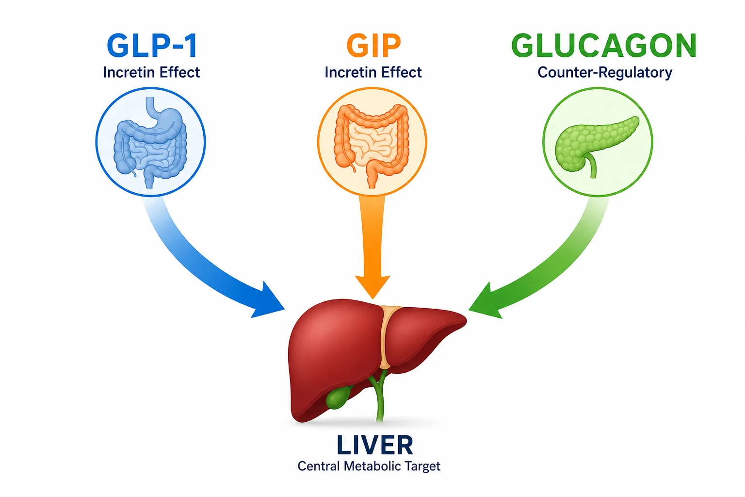 Bright editorial infographic-style landscape (): labeled diagram of three receptor pathways — GLP-1, GIP, and glucagon —