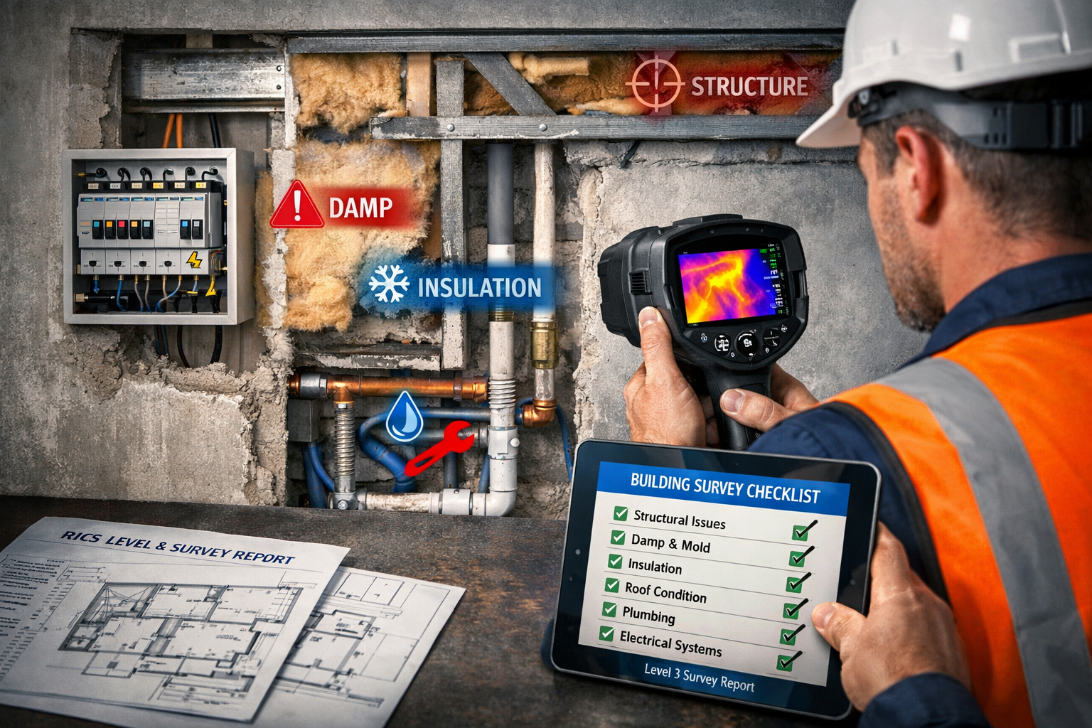 Detailed () image showing professional chartered surveyor conducting comprehensive building inspection inside modern