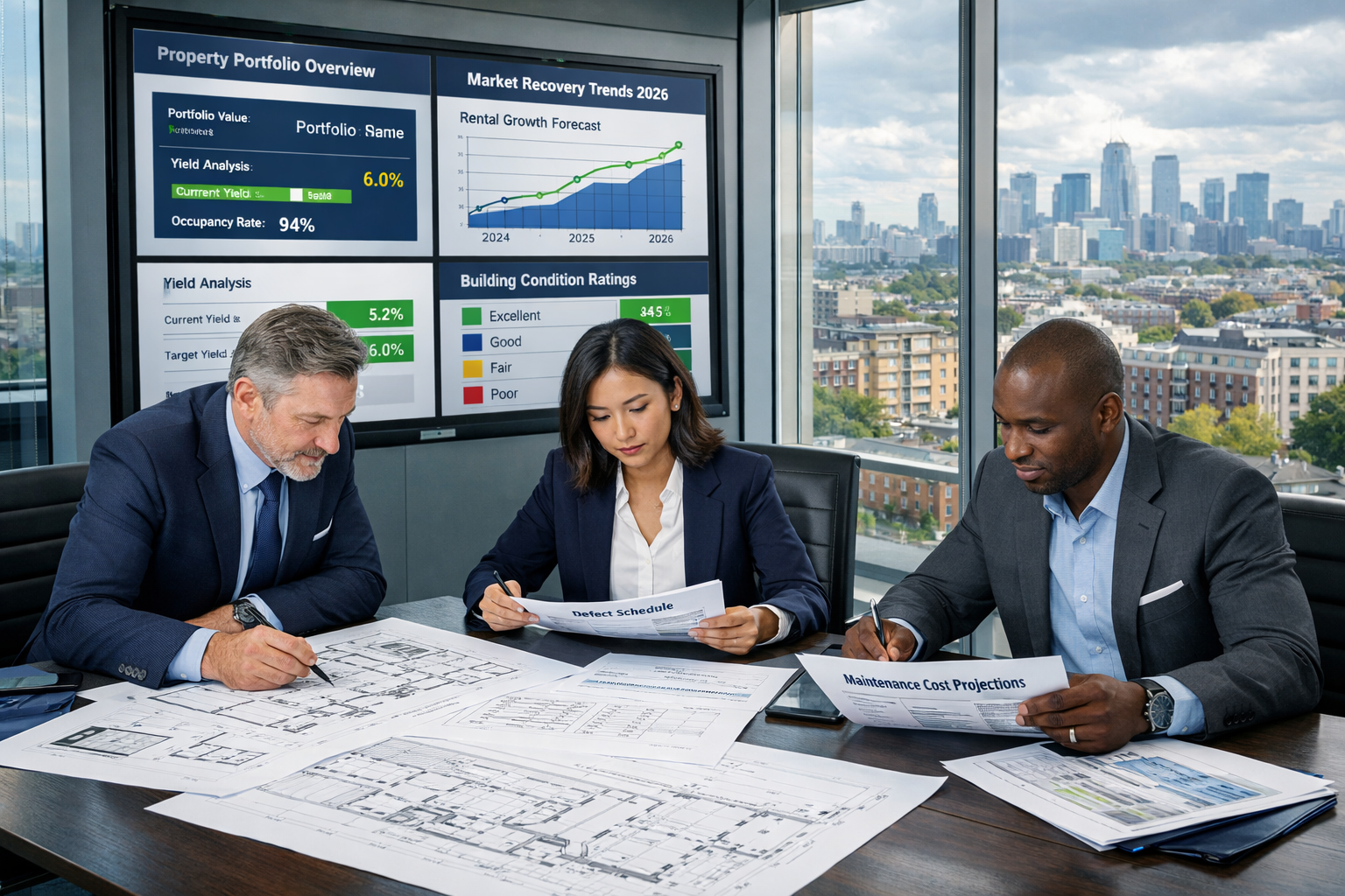Wide-angle () photograph of institutional investment team reviewing large-scale building survey reports in modern