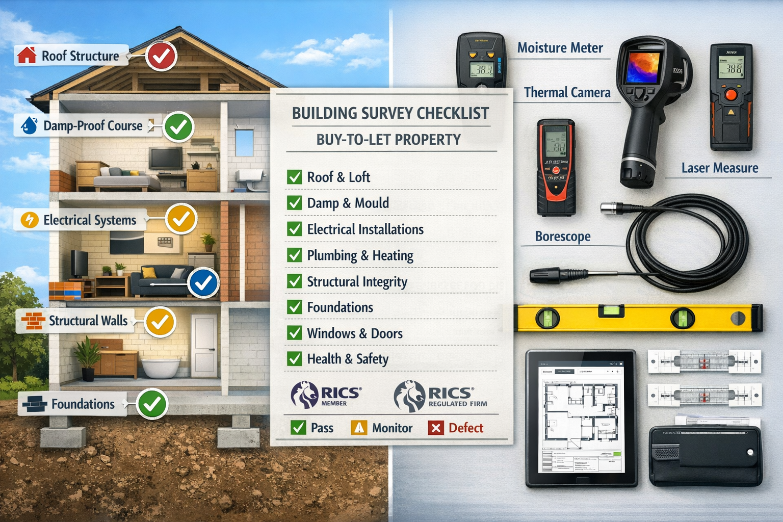 Detailed () infographic-style image showing comprehensive building survey checklist for buy-to-let properties. Split-screen