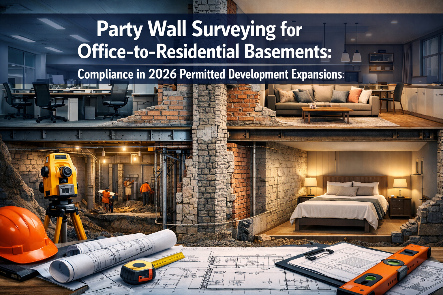 Professional () hero image featuring 'Party Wall Surveying for Office-to-Residential Basements: Compliance in 2026 Permitted