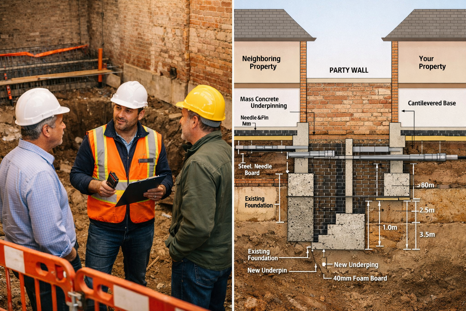 () split-screen composition illustrating party wall surveying process: left side shows two neighboring property owners in