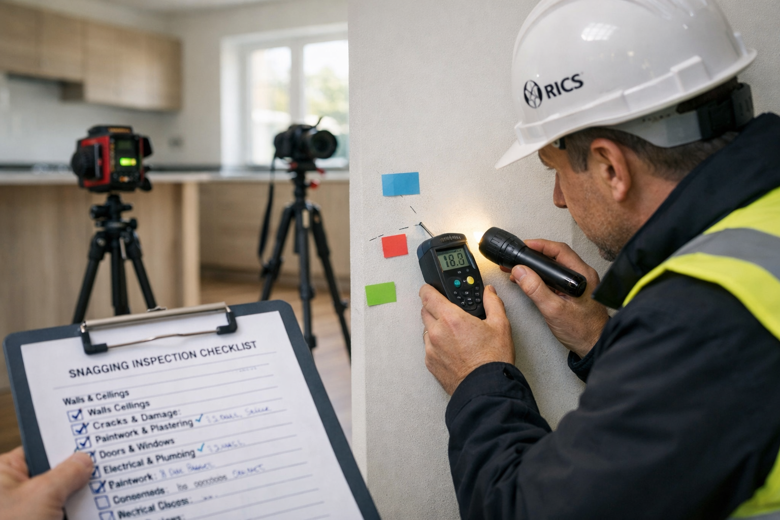 Detailed () image showing close-up of professional RICS surveyor conducting comprehensive interior snagging inspection in