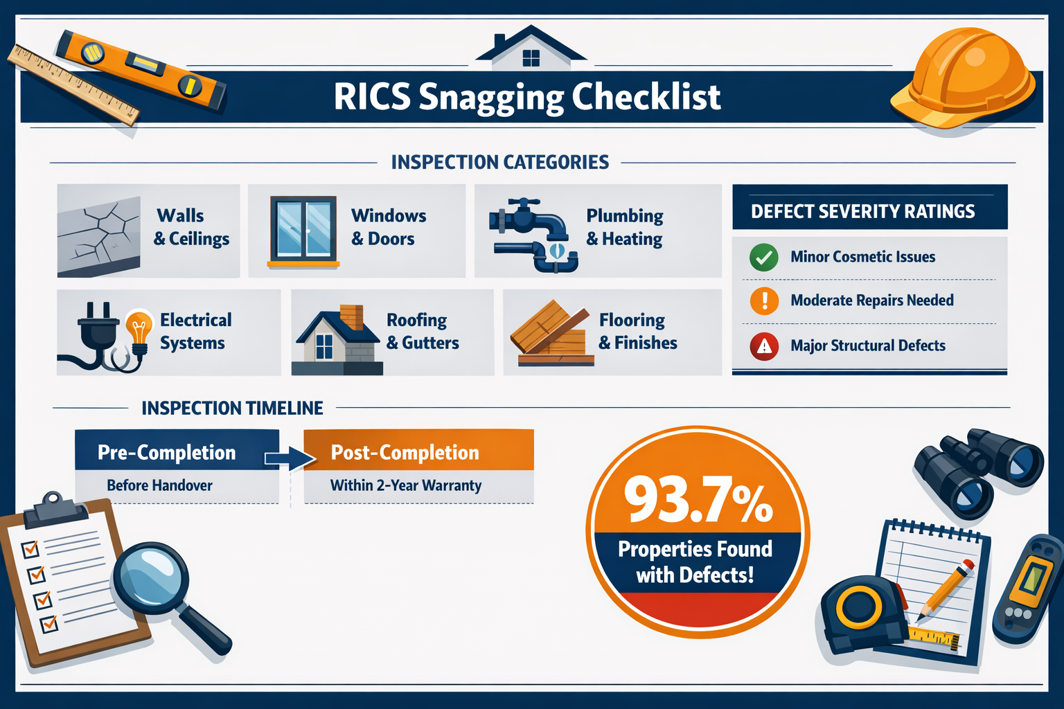 Detailed () infographic-style image displaying comprehensive RICS snagging checklist protocol with multiple inspection