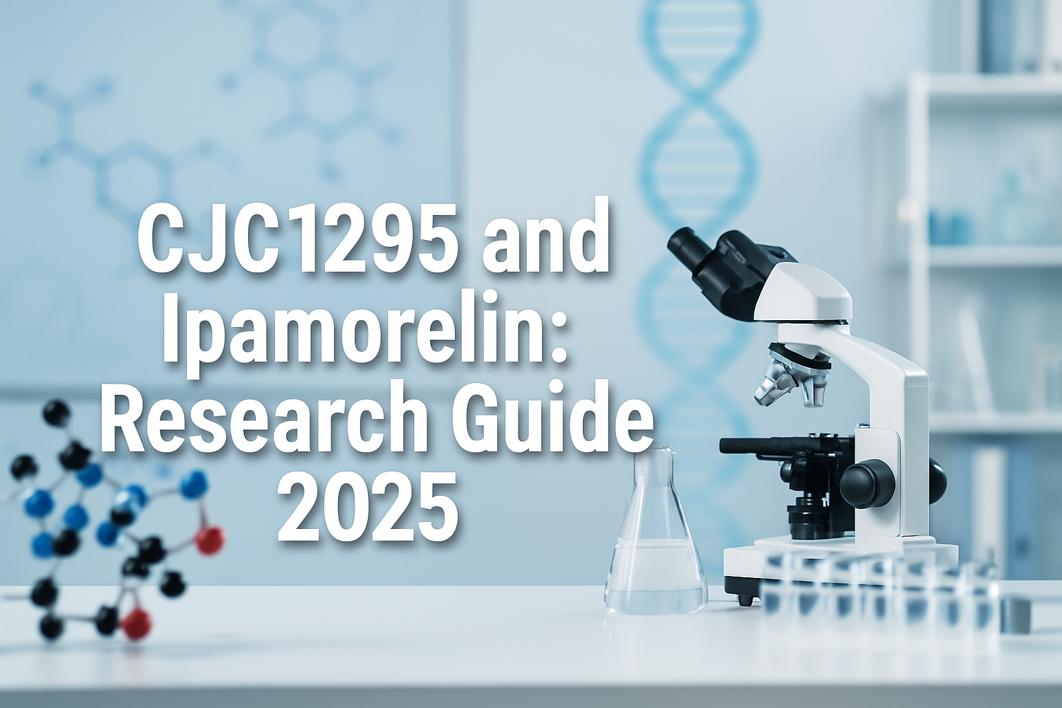 Professional landscape hero image (1536x1024) featuring bold text overlay 'CJC1295 and Ipamorelin: Research Guide 2025' in extra large 72pt