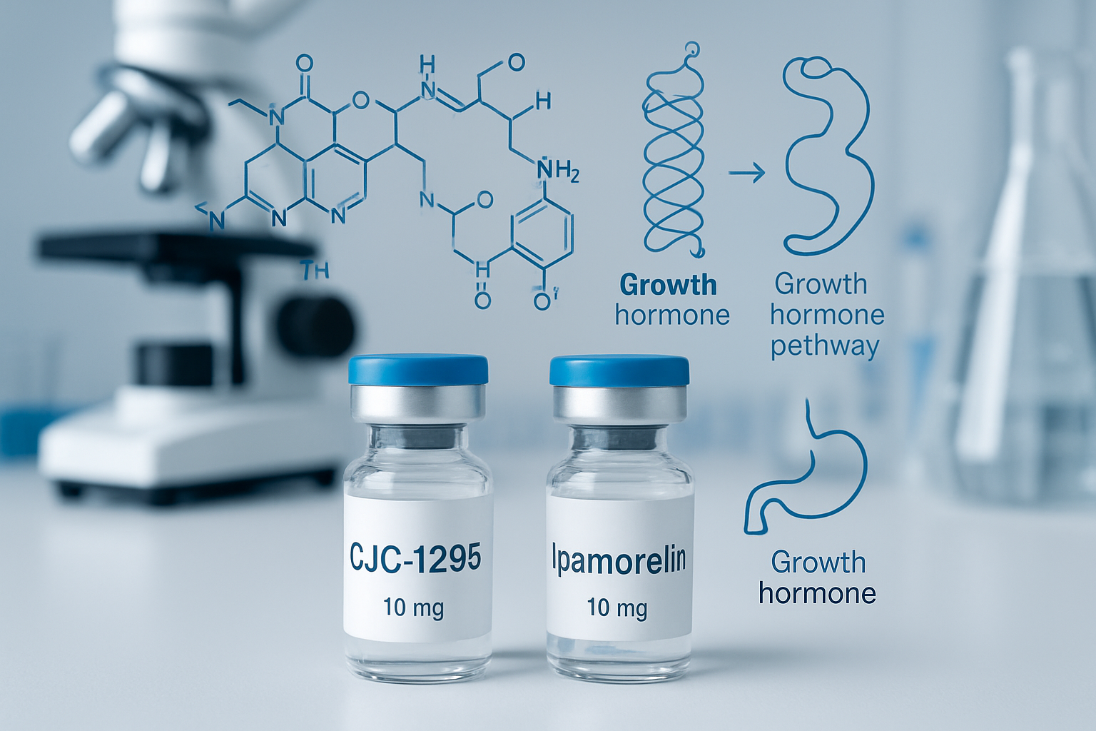 Scientific laboratory scene showing peptide vials labeled CJC1295 and Ipamorelin on clean white surface, molecular structure diagrams floati
