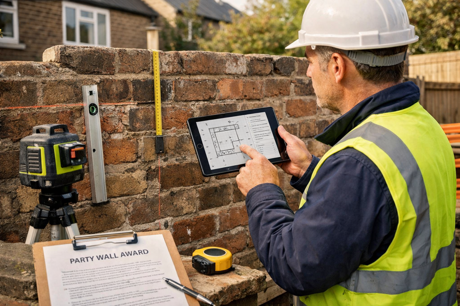 Detailed () photograph of professional party wall surveyor in high-visibility vest examining shared boundary wall between