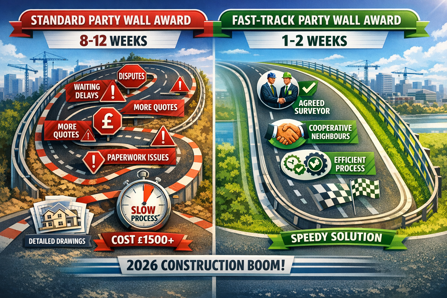 Detailed () conceptual illustration comparing standard versus fast-track party wall award timelines, displayed as two