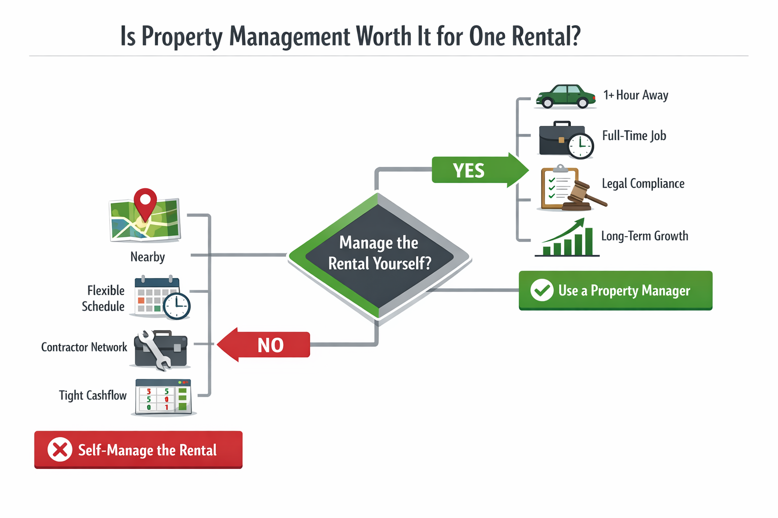 Landscape format (1536x1024) decision-tree flowchart illustration titled 'Is Property Management Worth It for One Rental?' at top in bold sa