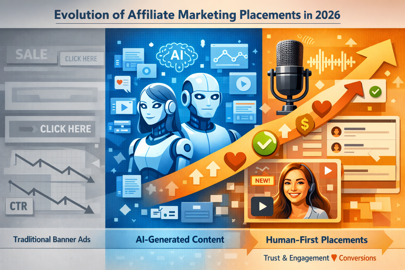 Landscape format (1536x1024) editorial illustration showing the evolution of affiliate marketing placements in 2026. Left third displays tra