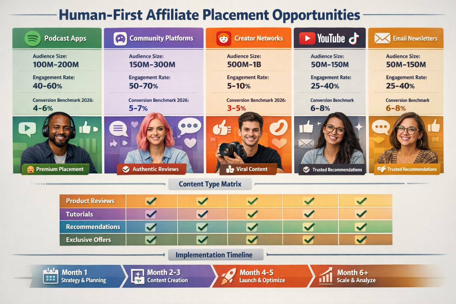 Landscape format (1536x1024) strategic platform comparison infographic showing specific human-first affiliate placement opportunities. Top r
