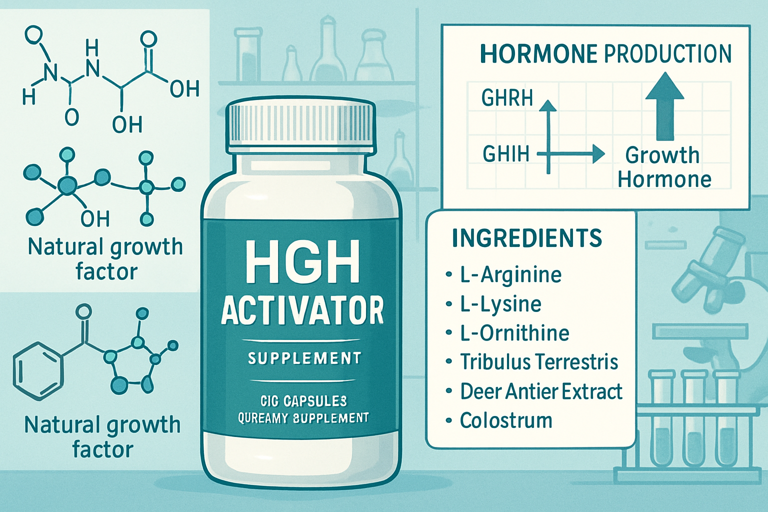 Detailed infographic showing HGH Activator supplement bottle with ingredient breakdown, molecular diagrams of key compounds like amino acids