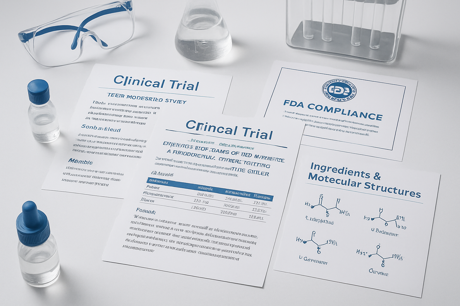 Scientific research laboratory scene with peer-reviewed study documents, safety testing equipment, FDA compliance certificates, molecular st