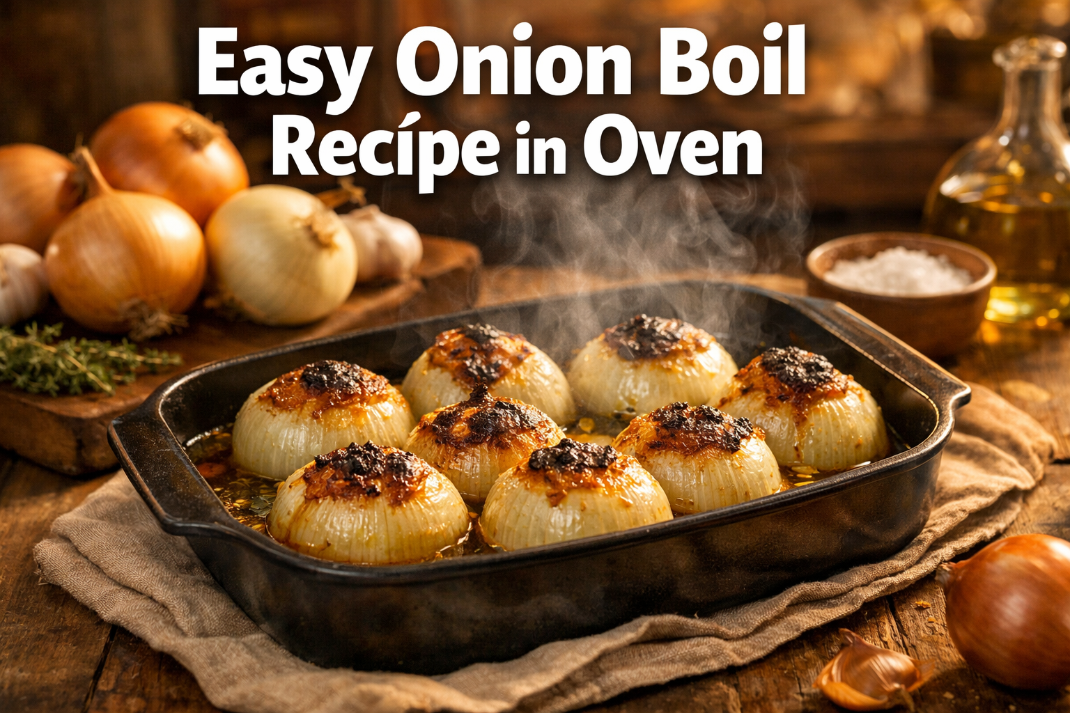 Professional landscape hero image (1536x1024) featuring bold text overlay 'Easy Onion Boil Recipe in Oven' in extra large 72pt white sans-se
