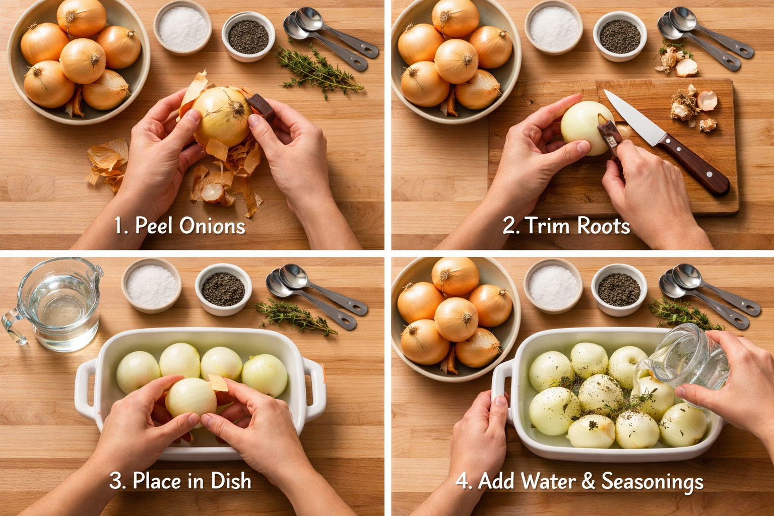 Detailed step-by-step visual showing hands preparing onions for oven boiling - peeling papery skins, trimming roots, placing in baking dish 