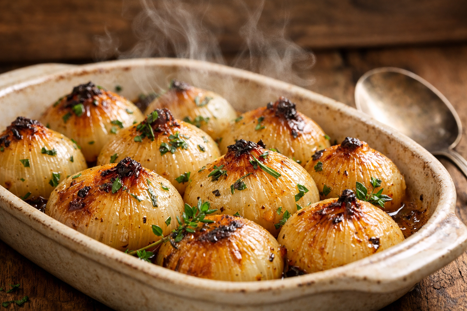 Close-up editorial photo of perfectly cooked oven-boiled onions in ceramic baking dish, golden and tender with caramelized edges, steam risi