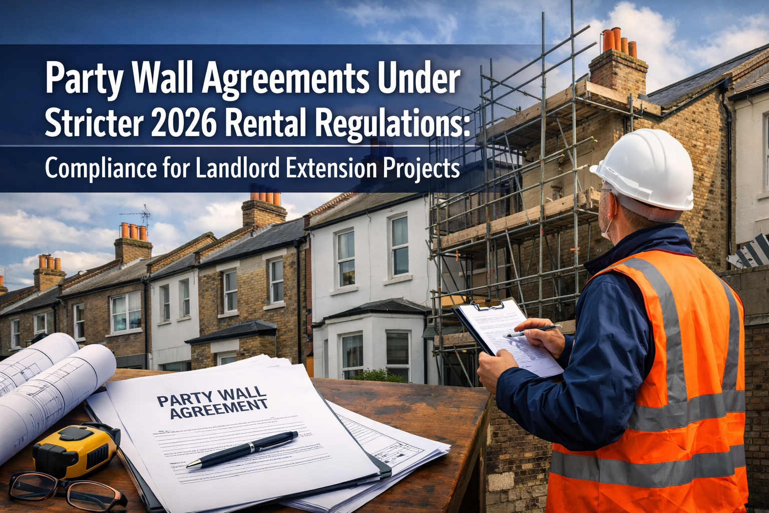 Professional () hero image featuring 'Party Wall Agreements Under Stricter 2026 Rental Regulations: Compliance for Landlord
