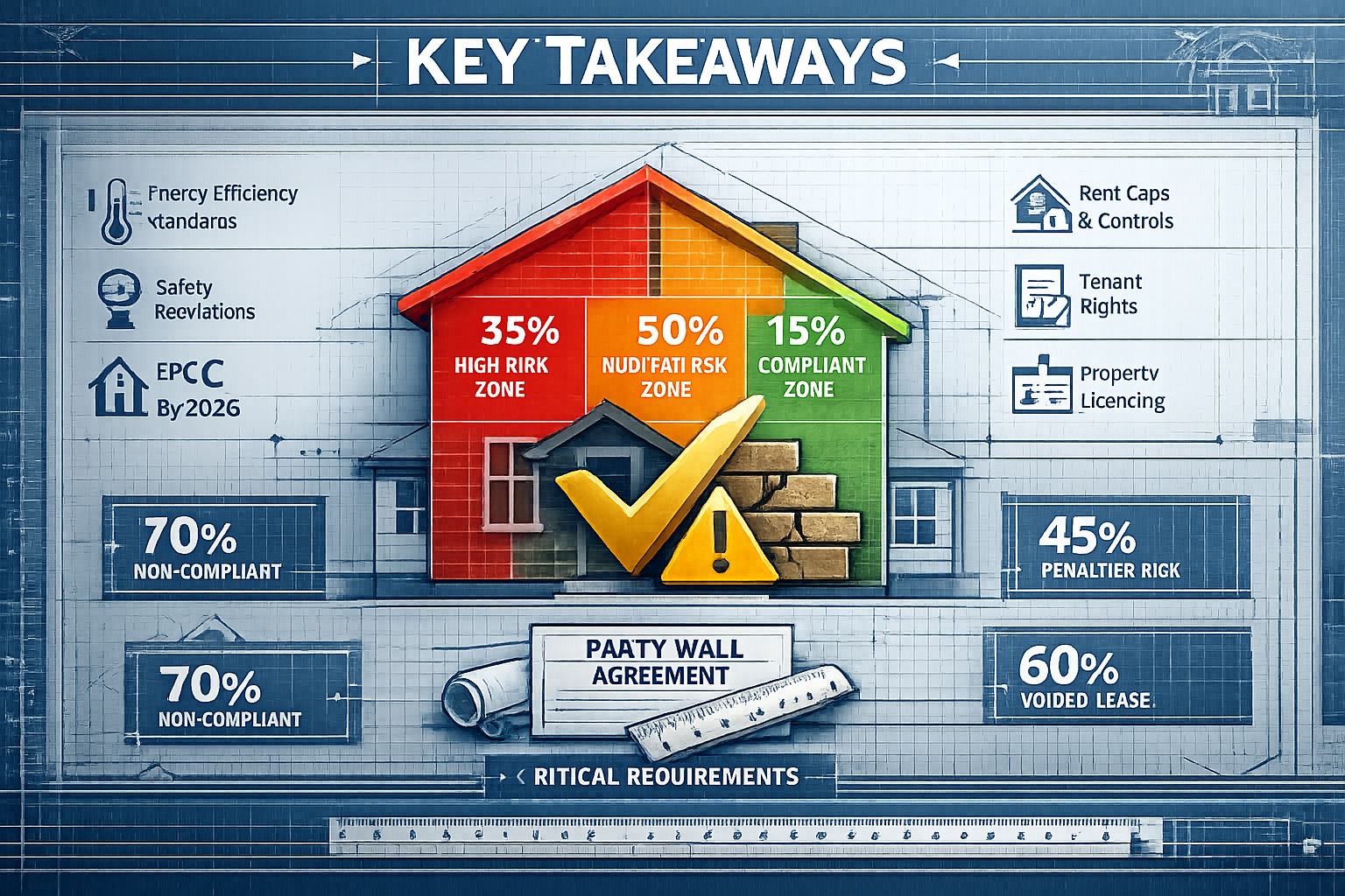 Key Takeaways infographic with professional architectural blueprint style background, featuring a stylized house divided