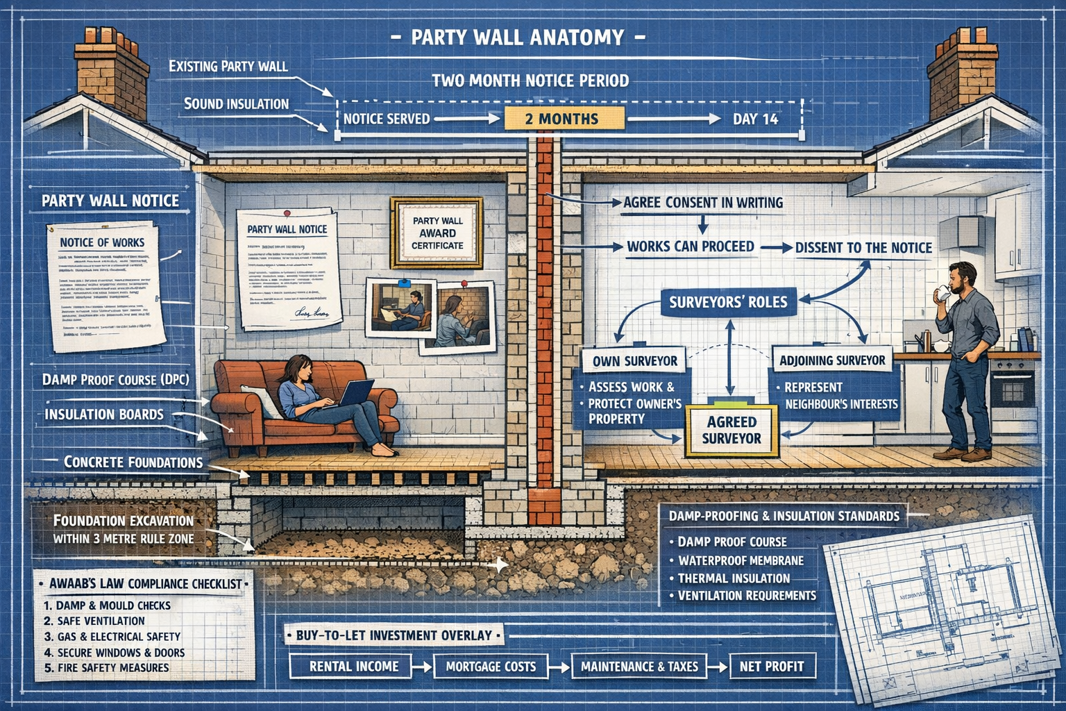 () architectural cross-section illustration of terraced rental property extension showing party wall anatomy with detailed