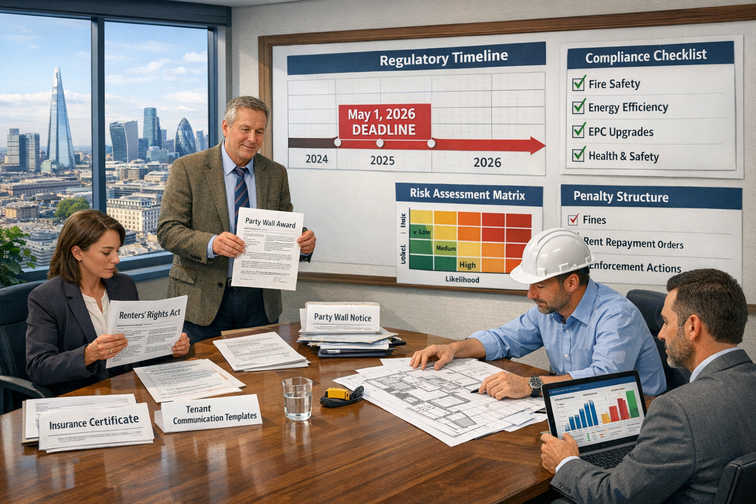 () professional office scene showing landlord compliance planning meeting for 2026 regulations. Conference table with