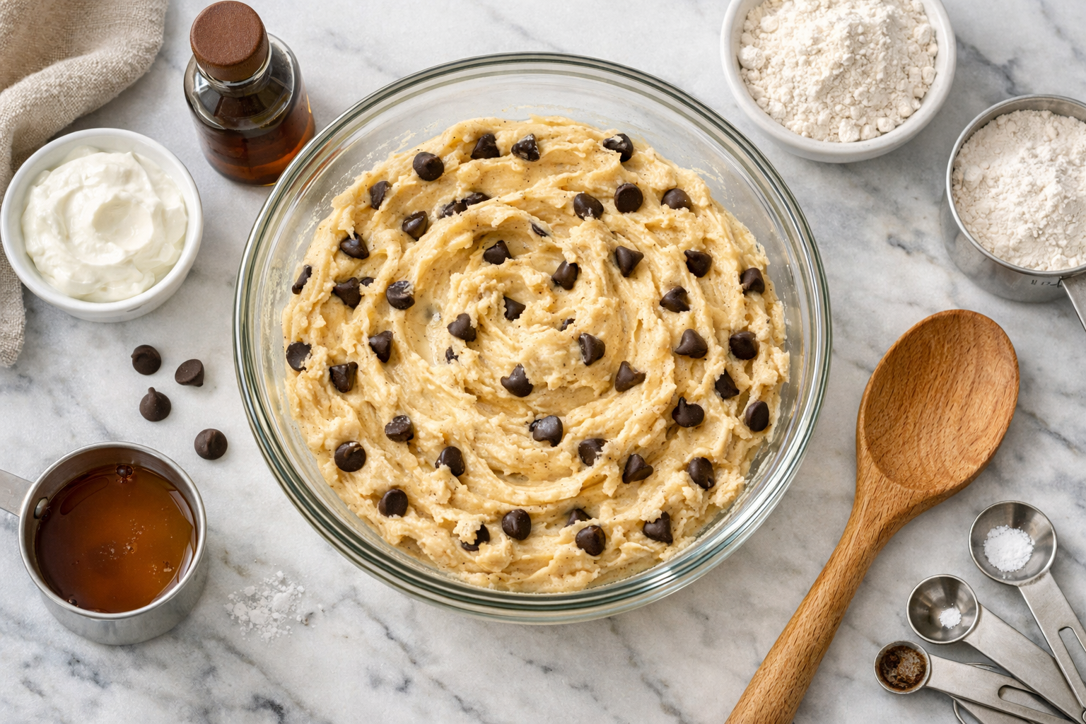Overhead view of Greek yogurt cookie dough in a glass mixing bowl, showing creamy texture with chocolate chips mixed throughout, wooden spoo