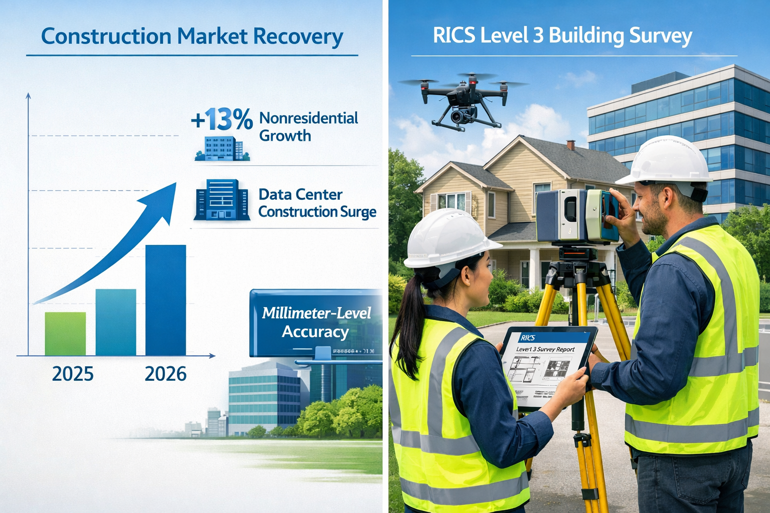 Landscape format (1536x1024) editorial image showing split-screen composition: left side displays upward trending graph with construction ma