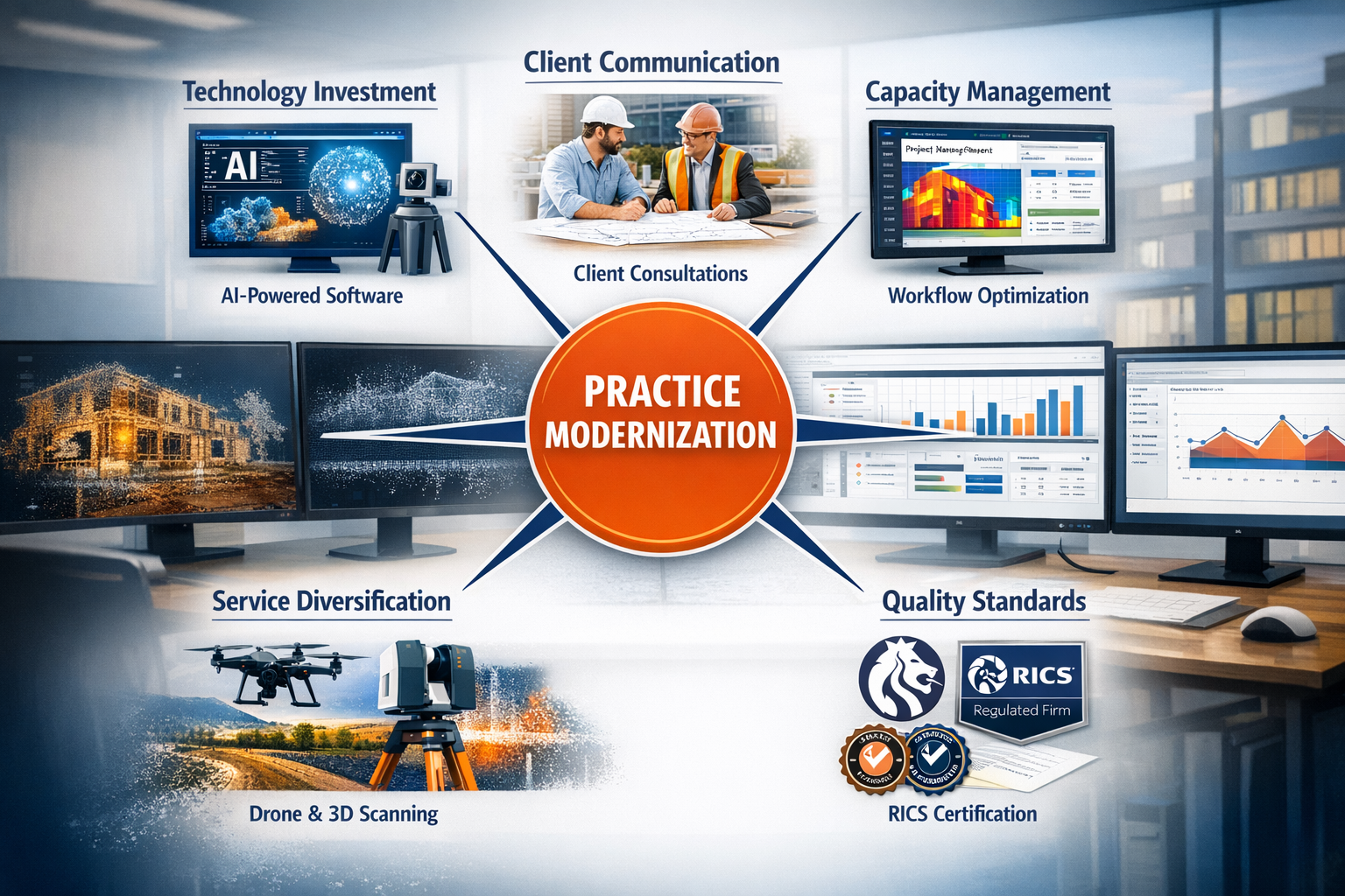Landscape format (1536x1024) detailed infographic showing surveyor practice adaptation strategies: central hub-and-spoke diagram with 'Pract
