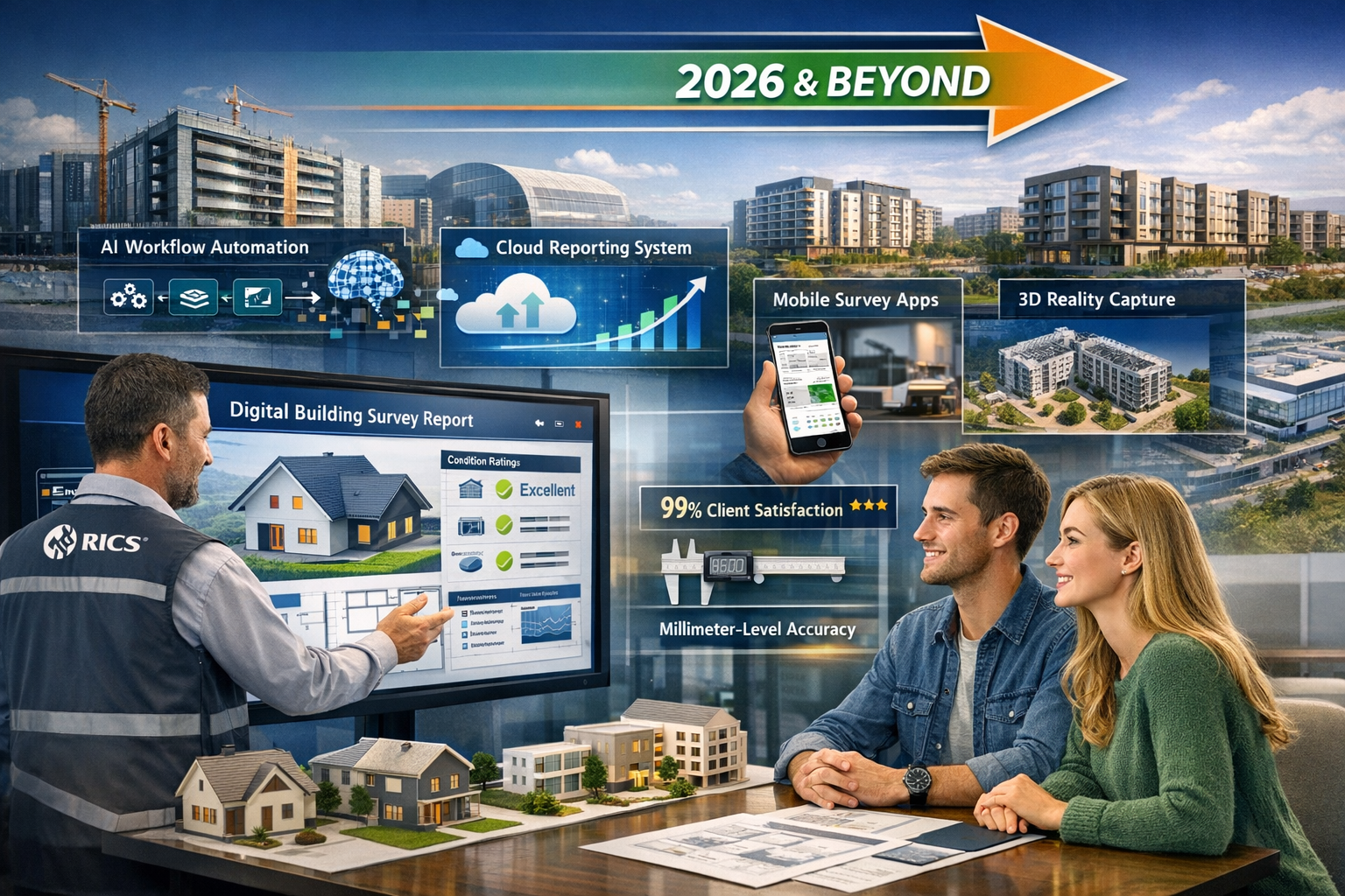Landscape format (1536x1024) professional composite image showing future-focused surveying practice: foreground displays surveyor presenting