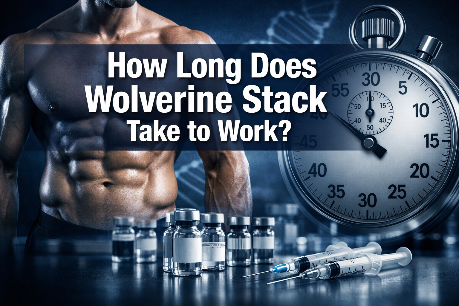 Professional landscape hero image (1536x1024) featuring bold text overlay 'How Long Does Wolverine Stack Take to Work?' in extra large 72pt 