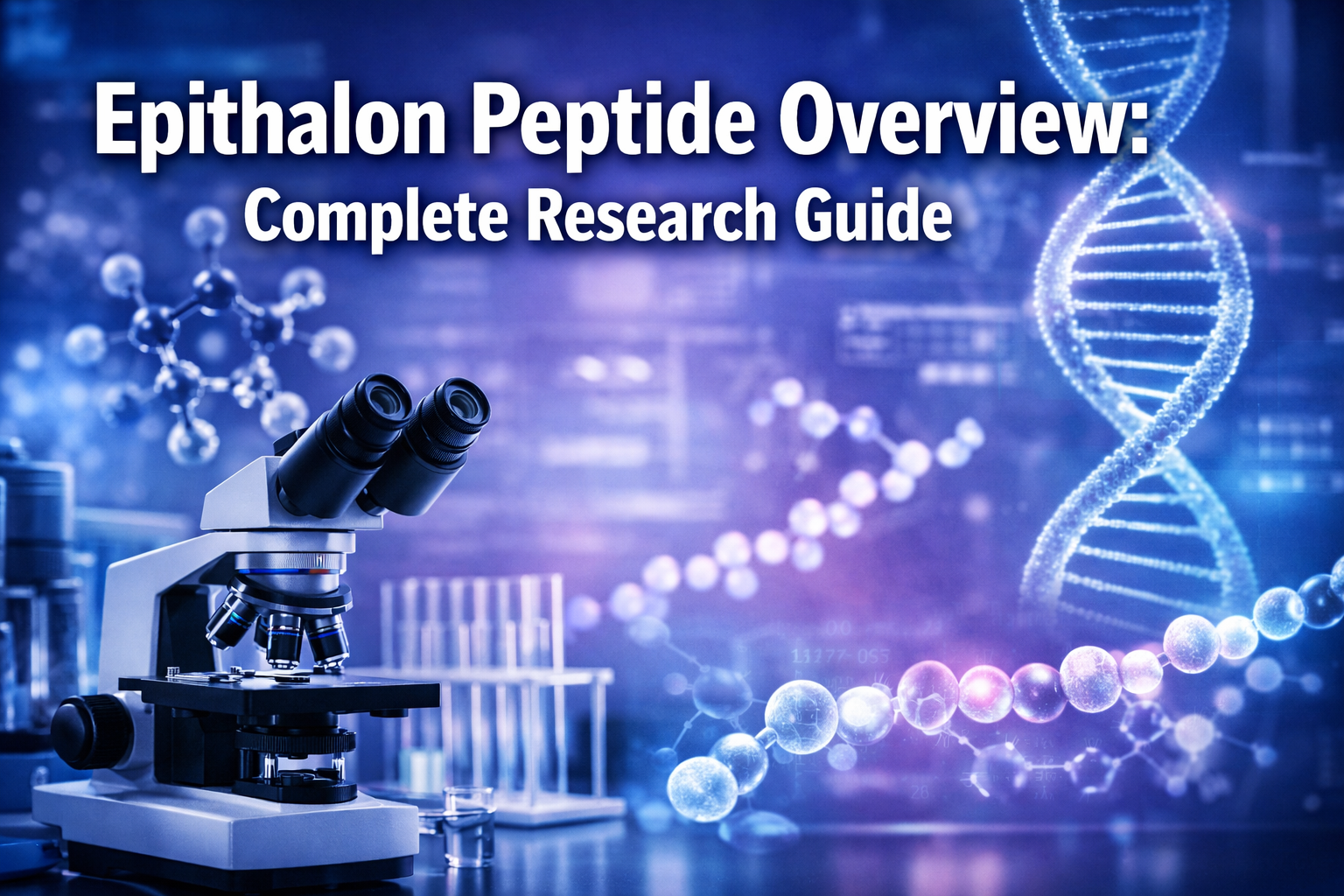Professional landscape format (1536x1024) hero image featuring bold text overlay 'Epithalon Peptide Overview: Complete Research Guide' in ex