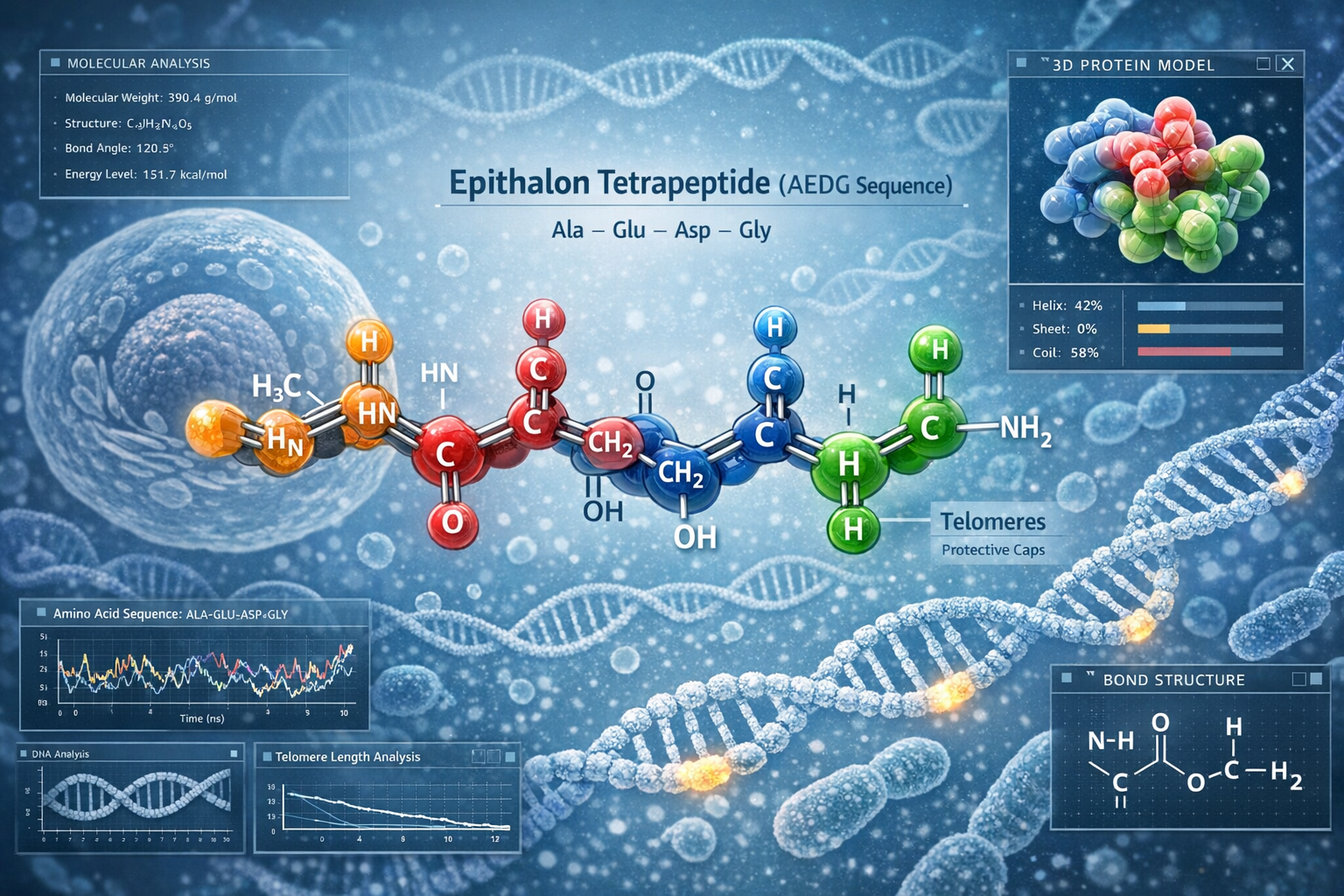 Detailed landscape format (1536x1024) scientific illustration showing epithalon tetrapeptide molecular structure (AEDG sequence) with amino 