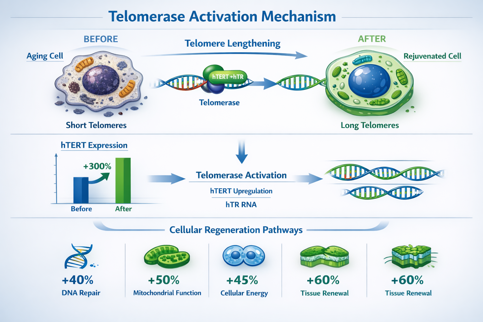 Comprehensive landscape format (1536x1024) infographic displaying telomerase activation mechanism with before/after cellular comparison. Sho