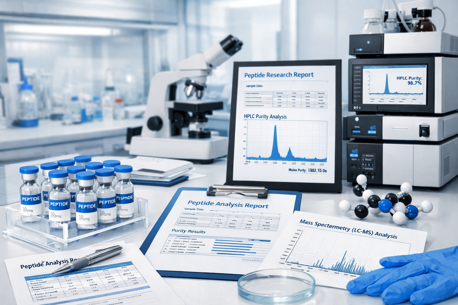 Professional landscape format (1536x1024) research laboratory scene showing peptide vials, scientific documentation, quality testing equipme