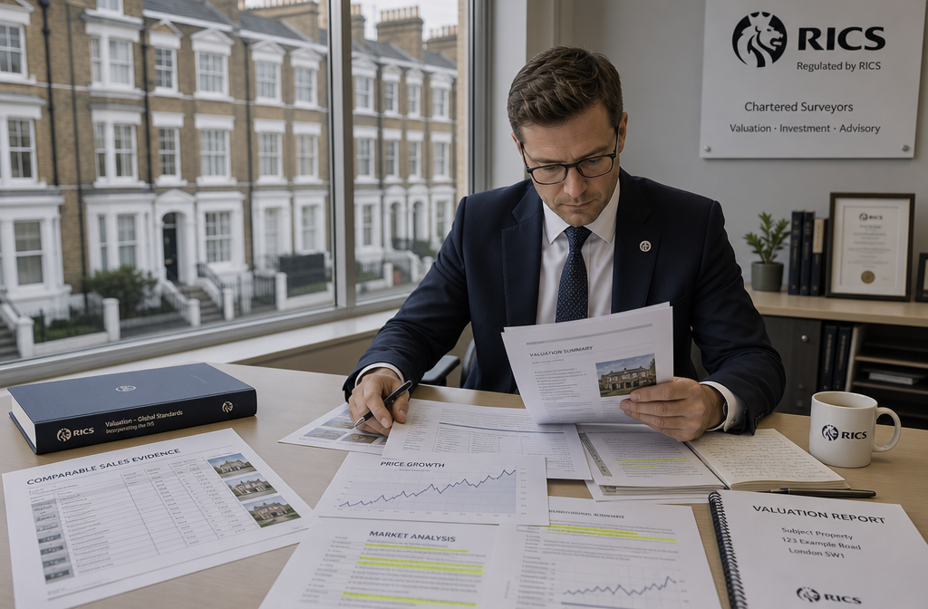 Wide-angle editorial photograph of a RICS-accredited chartered surveyor in a navy suit reviewing printed property valuation