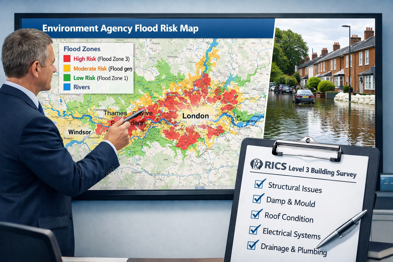 Detailed () infographic-style image showing Environment Agency flood risk map of London and Thames Valley displayed on a